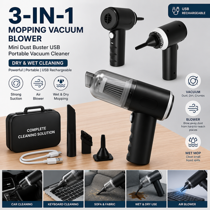 3-in-1 Portable Mini Vacuum Cleaner | USB Rechargeable Vacuum, Air Blower & Wet/Dry Mop