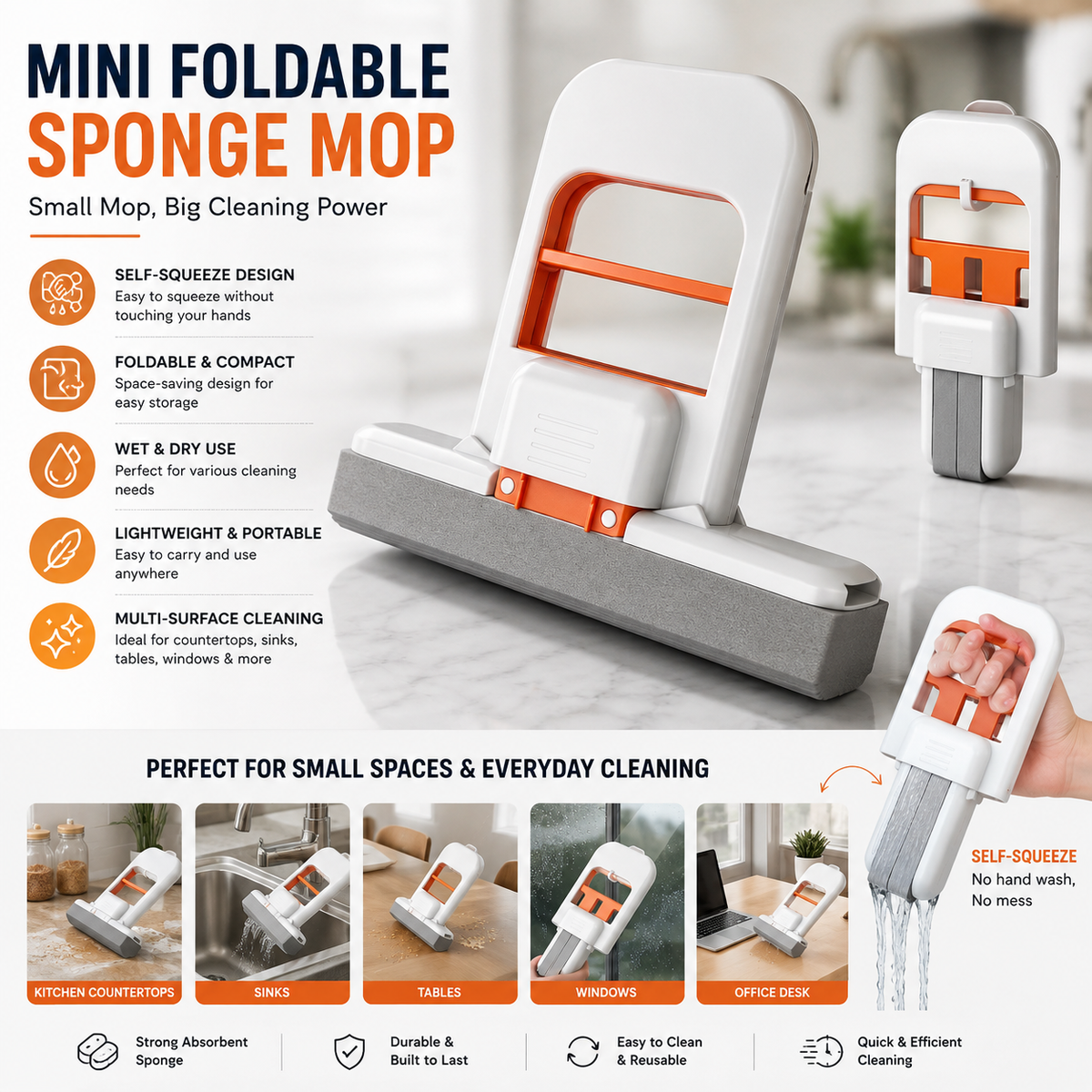 Mini Foldable Sponge Mop | Self-Squeeze Wet & Dry Cleaning Mop