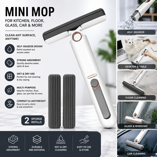 Mini Mop for Kitchen, Floor, Glass, Car & More | Self-Squeeze Wet & Dry Cleaning Mop