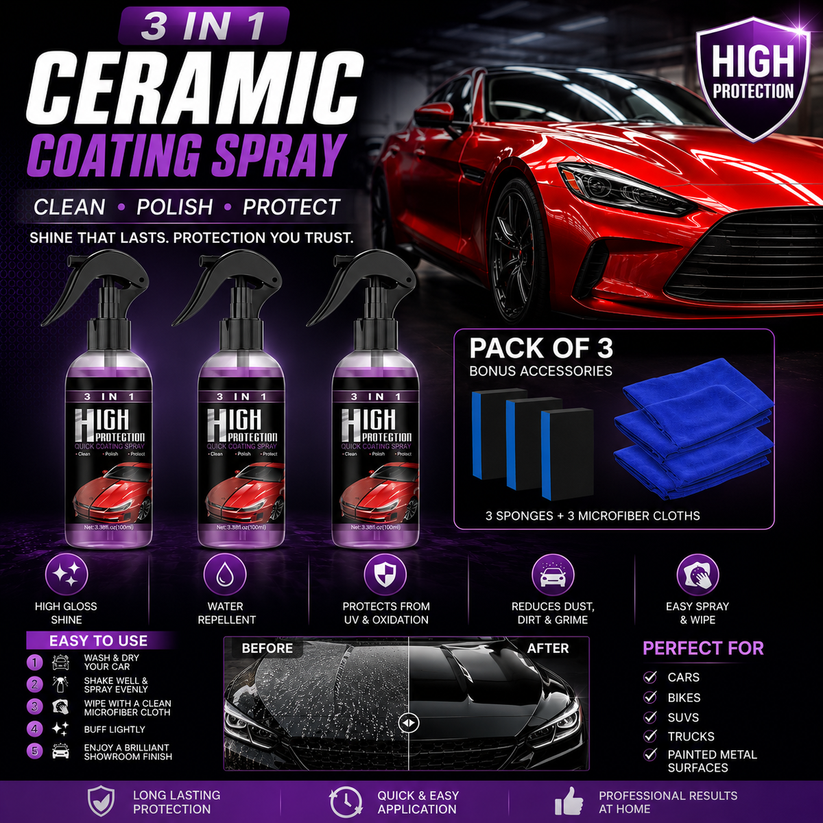3-in-1 Quick Car Ceramic Coating Spray (Pack of 3)
