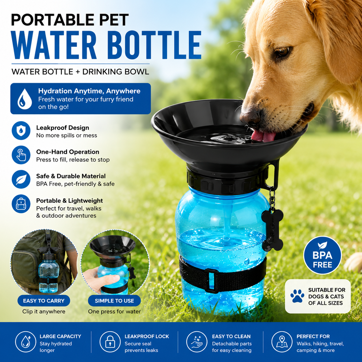 Portable Pet Water Bottle with Bowl | Leakproof Travel Water Dispenser for Dogs & Cats